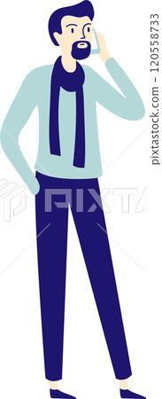 Full length illustration of a bearded man wearing a scarf, standing with one hand in his pocket and the other holding a phone to his ear, engaged in a conversation 120558733