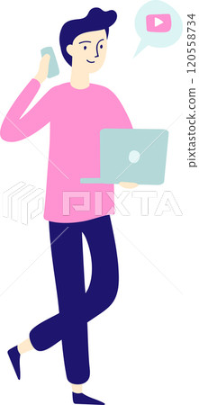 Young man working remotely, using his laptop and smartphone, thinking about a video platform, full length portrait on white background 120558734