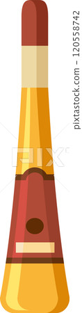 Tall bottle containing golden alcoholic beverage with red and gold label, possibly liquor or liqueur, presented against white background 120558742