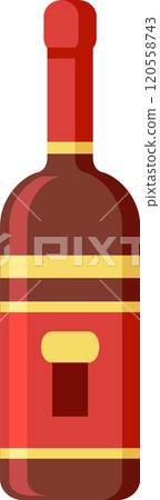 Red wine bottle with blank label, gold decorations, and red cap, standing upright against a white background, representing winemaking, celebration, and beverage industry 120558743