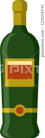 Green wine bottle with a gold foil top and a red and gold label is standing upright against a white background, suggesting a sophisticated and celebratory atmosphere Green wine bottle with a gold foil top and a red and gold label is standing upright against a white background, suggesting a sophisticated and celebratory atmosphere 120558745