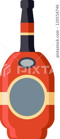 Red bottle of liquor, alcohol, or other beverage with blank label and black top standing upright against white background Red bottle of liquor, alcohol, or other beverage with blank label and black top standing upright against white background 120558746