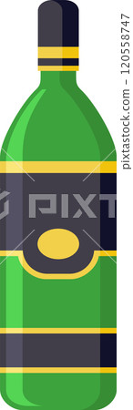 Close up of a green wine bottle featuring a prominent black label with gold trim and a central gold circle, conveying elegance and sophistication 120558747