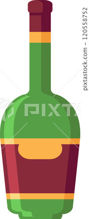 Stylized illustration featuring a green glass wine bottle with a prominent red label and a burgundy colored neck, creating a visually appealing representation of a classic wine bottle design Stylized illustration featuring a green glass wine bottle with a prominent red label and a burgundy colored neck, creating a visually appealing representation of a classic wine bottle design 120558752