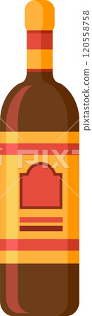 Sophisticated wine bottle showcases a vibrant label with orange and red stripes, an orange cap, and a rich, dark colored content, exuding an aura of refined taste Sophisticated wine bottle showcases a vibrant label with orange and red stripes, an orange cap, and a rich, dark colored content, exuding an aura of refined taste 120558758