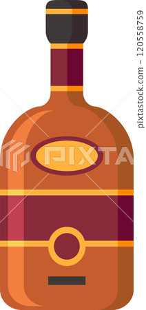 Closed bottle of alcohol with golden labels and cap, isolated on white background representing spirits, liquor, rum, brandy, whiskey, or other beverage 120558759