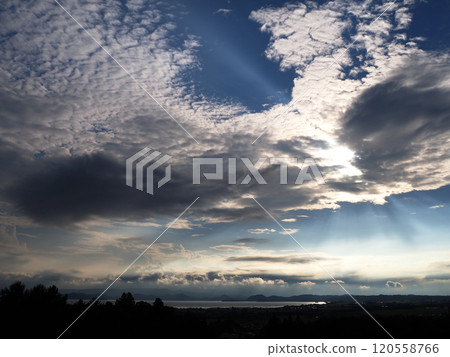 豬苗代湖上的雲彩在陽光下閃閃發光。光線從縫隙中放射出來,將湖面照得閃閃發亮,令人印象深刻,美麗極了。 豬苗代湖上的雲彩在陽光下閃閃發光。光線從縫隙中放射出來,將湖面照得閃閃發亮,令人印象深刻,美麗極了。 120558766