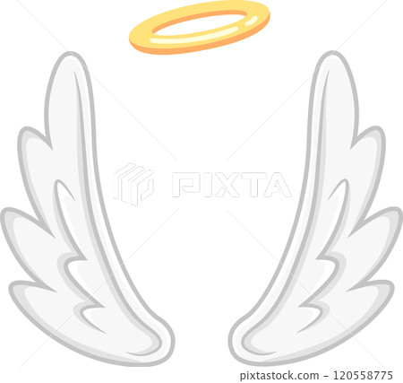 Cartoon drawing of white feathered angel wings and golden halo floating on white background representing innocence, purity, and spiritual ascension 120558775