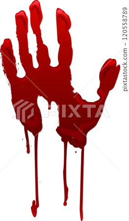 Dripping bloody handprint against white background symbolizing violence, murder, or horror, perfect for halloween or crime scenes 120558789