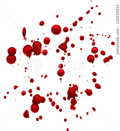 Realistic blood drops and splatters creating an abstract, artistic design against a clean white background, evoking themes of violence, injury, or medical concepts Realistic blood drops and splatters creating an abstract, artistic design against a clean white background, evoking themes of violence, injury, or medical concepts 120558815