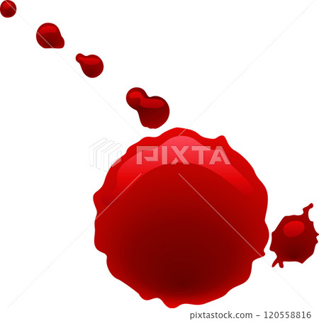 Blood drops are dripping and forming a large blood stain against a clean white background, creating a stark contrast and suggesting themes of injury, violence, or medical concepts 120558816