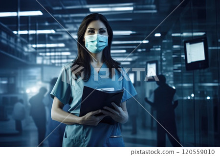 Female doctor in a mask with a folder in her hands against the background of a hospital corridor 120559010