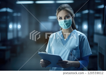 Female doctor in a mask with a folder in her hands against the background of a hospital corridor 120559012