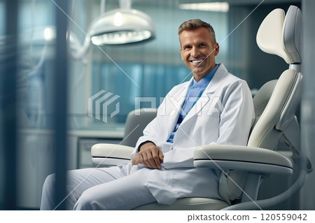 Dentist sitting in a dental office and smiling Dentist sitting in a dental office and smiling 120559042