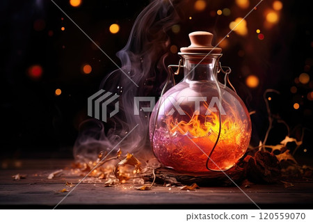 Jar of magical healing / mana potion in a glass jar on a dark background Jar of magical healing / mana potion in a glass jar on a dark background 120559070