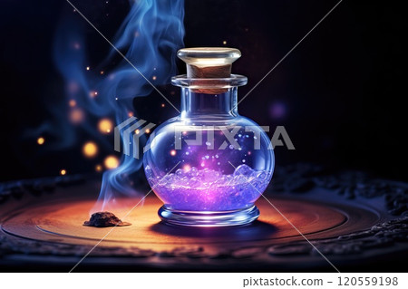 Jar of magical healing / mana potion in a glass jar on a dark background 120559198