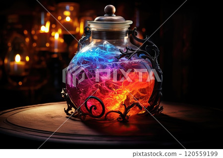 Jar of magical healing / mana potion in a glass jar on a dark background 120559199