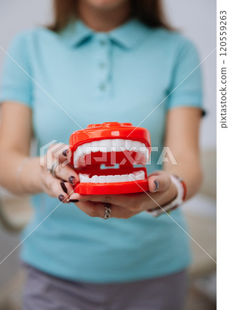 Bright red dental model held by a woman in blue for educational demonstration and oral care tips 120559263