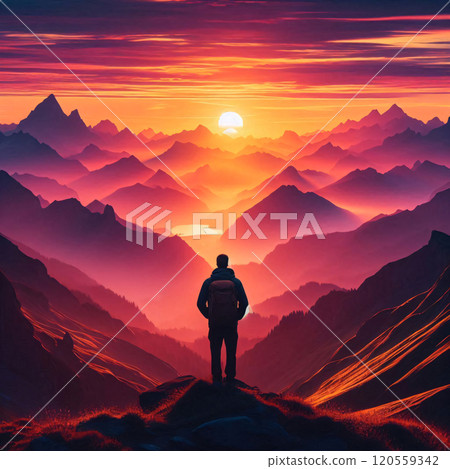 A lone figure stands before a vibrant sunset over layered mountain peaks 120559342