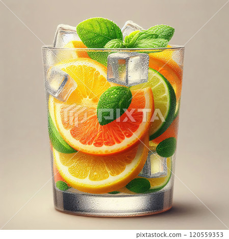 A refreshing cocktail filled with citrus slices and ice 120559353