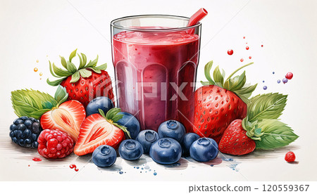 A glass of berry smoothie with strawberries, blueberries, raspberries, and blackberries 120559367