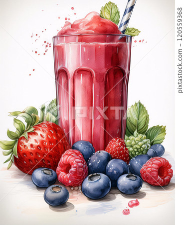A glass of berry smoothie with strawberries, blueberries, raspberries, and blackberries 120559368