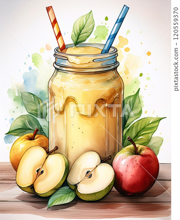 A mason jar filled with a yellow smoothie, surrounded by a whole pear, a whole apple, and a half of an apple 120559370
