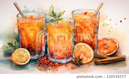 Glasses of orange drink with spices and orange slices 120559377