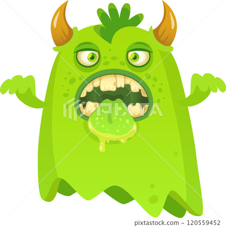Spooky and funny ghost monster with green skin, sticking its tongue out, revealing sharp teeth and an open mouth, creating a playful yet eerie halloween vibe Spooky and funny ghost monster with green skin, sticking its tongue out, revealing sharp teeth and an open mouth, creating a playful yet eerie halloween vibe 120559452