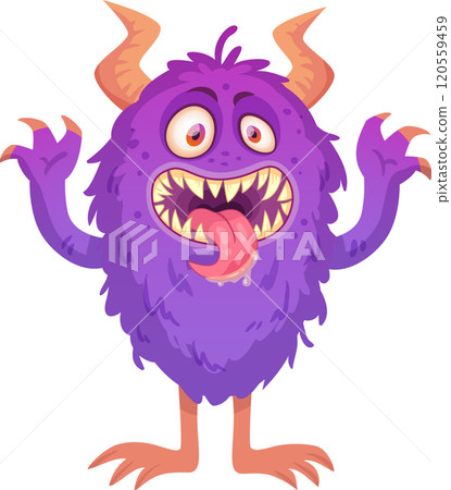 Funny hairy purple cartoon monster sticking its tongue out with saliva dripping, showing its teeth and claws up in a scary pose 120559459