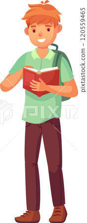 Cheerful student with a backpack is engrossed in reading a textbook, acquiring knowledge and preparing for academic success Cheerful student with a backpack is engrossed in reading a textbook, acquiring knowledge and preparing for academic success 120559465