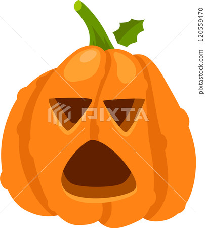 Carved pumpkin with triangular eyes and wide open mouth showing a frightened expression, with green stem and leaf, isolated on white background for halloween decoration 120559470
