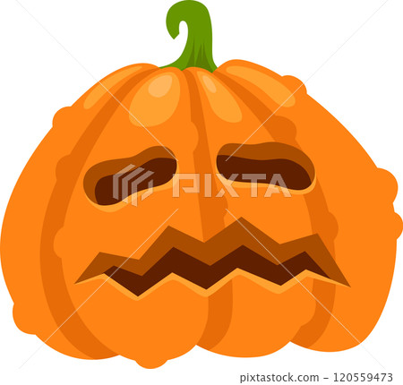 Carved pumpkin with a sad face representing negative emotions associated with halloween, creating a spooky and melancholic atmosphere 120559473