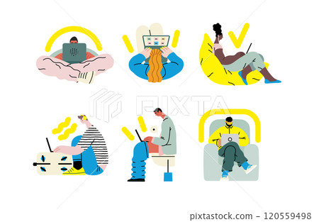 Creative workspace, modern flat vector concept illustration of a person working with a computer Remote work, flexibility, independence, efficiency, mobility, synergy, freedom 120559498
