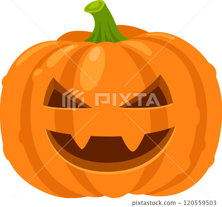 Halloween pumpkin carving showing a scary face with sharp teeth, celebrating the spooky season with a traditional decoration Halloween pumpkin carving showing a scary face with sharp teeth, celebrating the spooky season with a traditional decoration 120559503