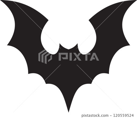 Stylized simple black bat silhouette spreading its wings, perfect for halloween party invitations, spooky decorations, or gothic designs 120559524