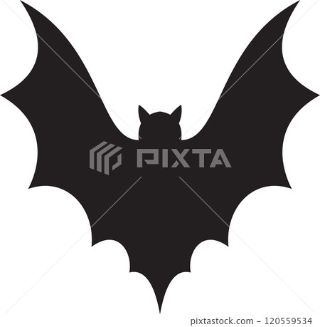 Stylized vector illustration of a black bat silhouette flying with its wings wide open, creating a spooky and mysterious atmosphere perfect for halloween projects Stylized vector illustration of a black bat silhouette flying with its wings wide open, creating a spooky and mysterious atmosphere perfect for halloween projects 120559534
