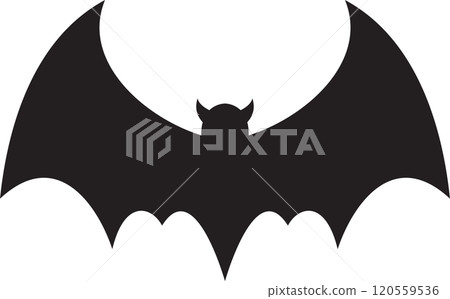 Simple black silhouette of a bat with open wings and horns flying on a white background, ideal for halloween projects or any design needing a touch of spooky charm 120559536