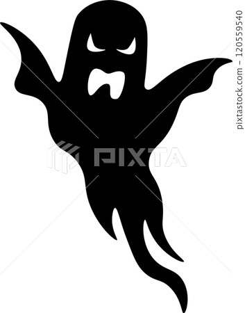 Black silhouette of a spooky ghost flying with its mouth open and a threatening expression, perfect for halloween projects 120559540