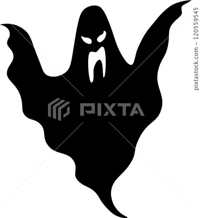 Black silhouette of a menacing ghost floating with glowing eyes and sharp fangs, creating a spooky and eerie atmosphere perfect for halloween projects Black silhouette of a menacing ghost floating with glowing eyes and sharp fangs, creating a spooky and eerie atmosphere perfect for halloween projects 120559545