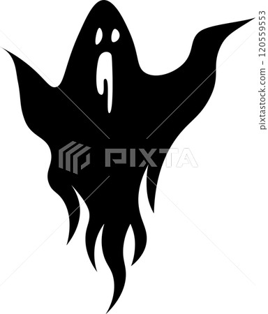 Illustration of a stylized black ghost with open mouth and wavy bottom, floating against a white background, creating a spooky and mysterious atmosphere Illustration of a stylized black ghost with open mouth and wavy bottom, floating against a white background, creating a spooky and mysterious atmosphere 120559553