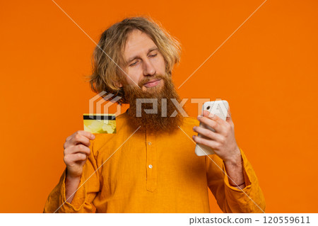 Man use credit bank card smartphone while transferring spending money purchases online shopping Man use credit bank card smartphone while transferring spending money purchases online shopping 120559611