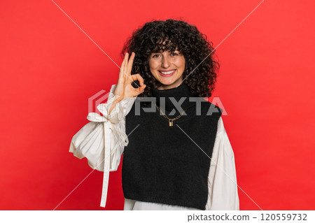 Happy young woman showing ok gesture, like sign positive feedback, celebrate victory, approve idea 120559732