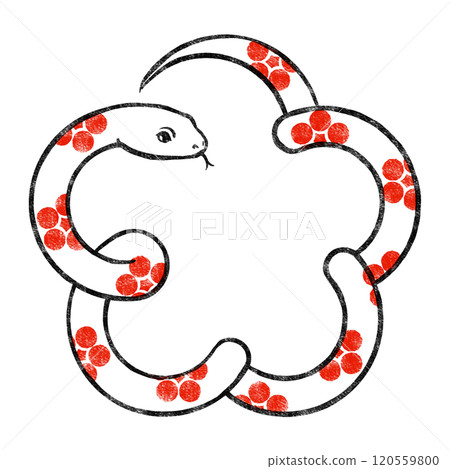 A white snake with a red plum blossom motif in the shape of a plum blossom, woodblock print style 120559800
