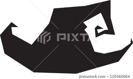 Simple black vector graphic representing a curled elf shoe, symbolizing christmas celebrations and holiday cheer, isolated on a white background Simple black vector graphic representing a curled elf shoe, symbolizing christmas celebrations and holiday cheer, isolated on a white background 120560064