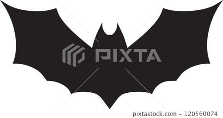 Stylized black bat silhouette spreading its wings, creating a striking image against a clean white background, perfect for halloween projects or spooky designs 120560074