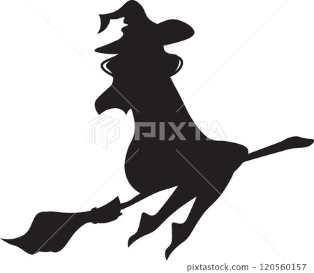 Black silhouette of a witch wearing a pointy hat and flying on a broomstick, ideal for halloween celebrations and spooky designs 120560157