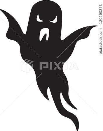 Spooky black ghost flying with sharp teeth, perfect for halloween decorations. Get into the scary spirit with this eerie silhouette 120560258