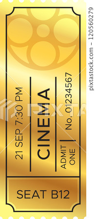 Golden cinema ticket representing entertainment, movies, and the thrill of watching films on the big screen, offering access to a captivating cinematic journey 120560279
