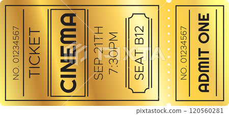 Golden cinema ticket for seat b12 admitting one person to the movie theater on september 21th at 7,30 pm, offering access to entertainment and cinematic experience Golden cinema ticket for seat b12 admitting one person to the movie theater on september 21th at 7,30 pm, offering access to entertainment and cinematic experience 120560281